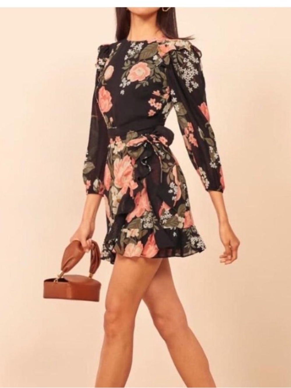 Reformation Quest Black Floral Wrap Mini Dress with Pink Roses